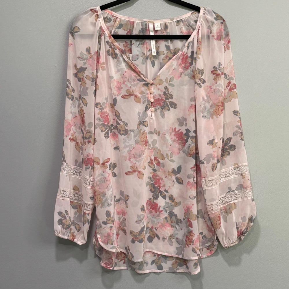 LC Lauren Conrad Pink Floral Lace Inset Sheer Blouse Womens‎ Small Long Sleeve